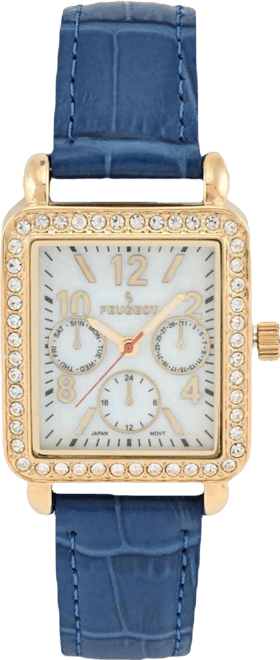 Women's 14K Gold Plated Square Dress Watch with European Crystals and Blue Leather Band
