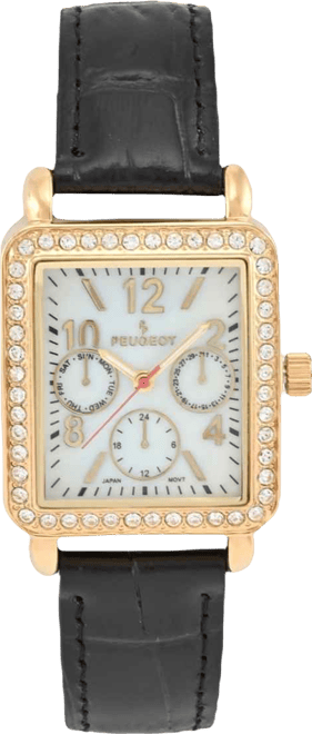 Women's 14K Gold Plated Square Dress Watch with European Crystals and Black Leather Band