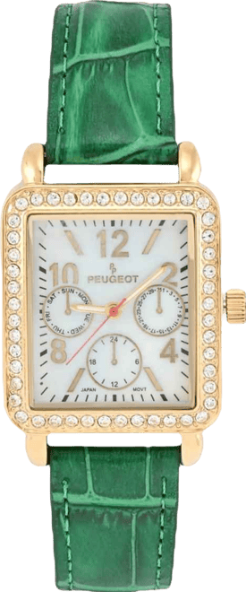 Women's 14K Gold Plated Square Dress Watch with European Crystals and Green Leather Band