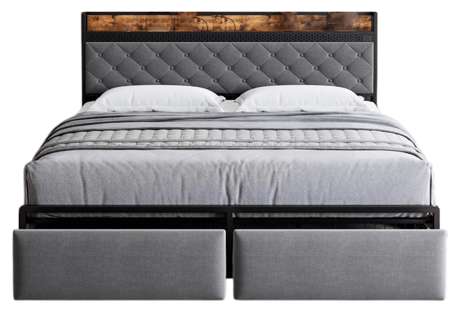 King Size Led Bed Frame with Headboard and 2 Storage Drawers, Upholstered Platform Bed with Charging Station, No Box Spring Needed