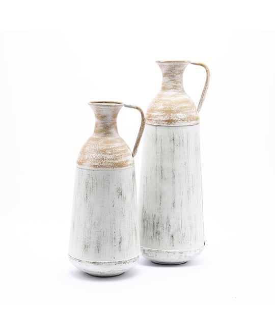Set of 2 Distressed Off White and Rustic Brown Metal Pitcher Vase