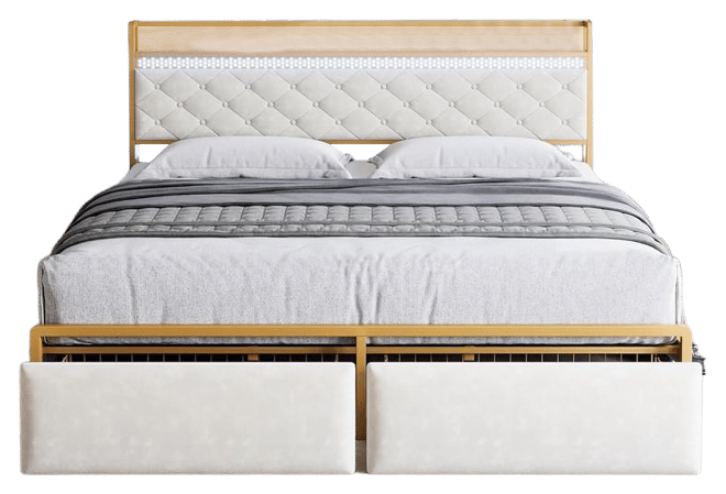 King Size Led Bed Frame with Headboard and 2 Storage Drawers, Upholstered Platform Bed with Charging Station, No Box Spring Needed
