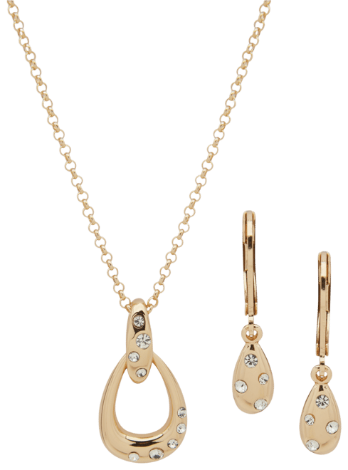 Gold-Tone Pave Pear-Shape Pendant Necklace & Drop Earrings Set