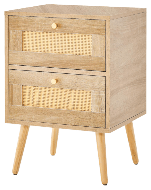 Rattan Nightstand Boho Accent Bedside Table with 2 Storage Drawers