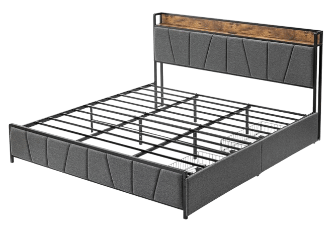 King Size Bed Frame with 2 Storage Drawers and Charging Station, Rustic Linen Upholstered Platform Bed Frame with Storage Headboard, Gray