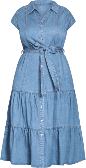 knee length dresses for ladies Garment Washed Denim Tiered Zip Front Midi Dress main image 0
