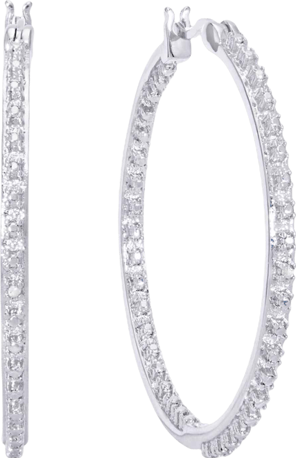 Diamond Accent Large Thin Hoop Earrings in Silver Plate or Rose Gold Plate