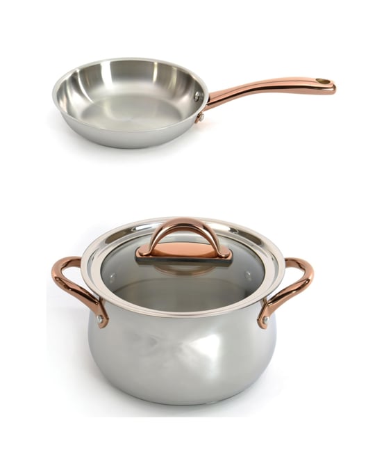 Ouro Gold 3pc 18/10 Stainless Steel Cookware Set, Glass Lids, Rose Gold Handles