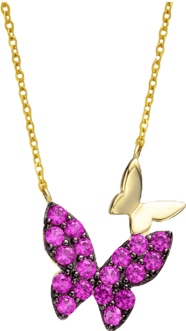 Sterling Silver 14k Yellow Gold Plated with Red Cubic Zirconia Double Butterfly Layering Necklace