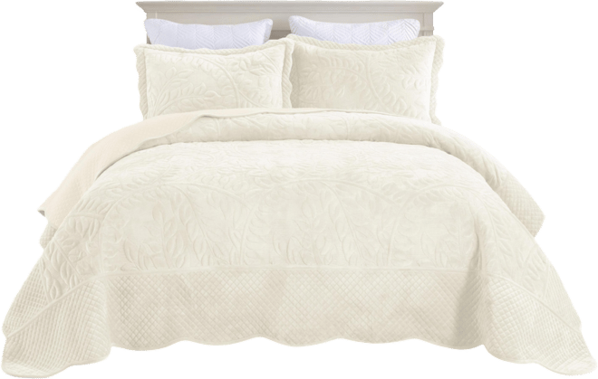 3 Pc Luxury Velvet Oversized Embroidery Soft and Plush Quilt Set Queen