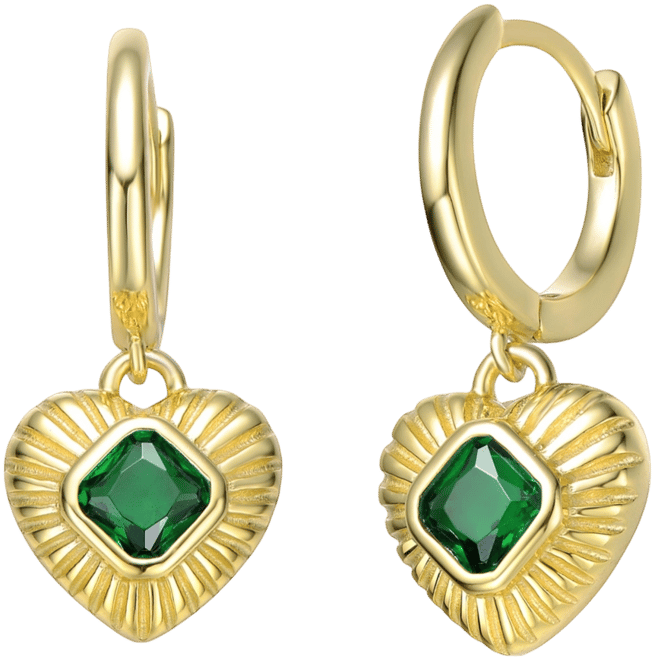 Teens Sterling Silver 14k Gold Plated with Green Cubic Zirconias Dangle Heart Huggie Hoop Earrings