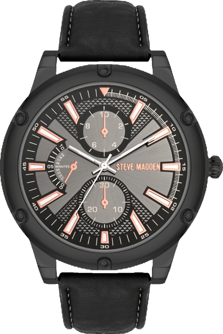 Men's Sleek Black Faux Leather and Dark Gray Alloy Metal Watch, 48.5mm