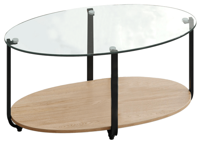 Glass-Top Coffee Table 2-Tier Modern Oval Side Sofa Table w/ Storage Shelf