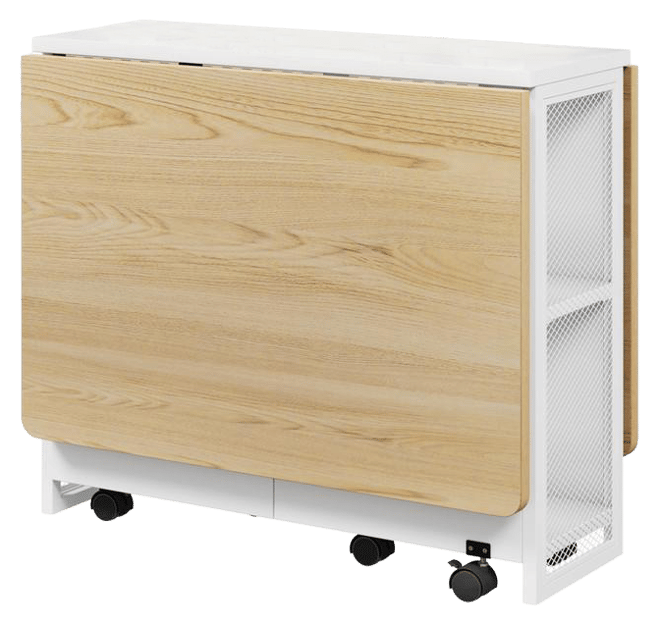 Folding Dining Table, Drop Leaf Dining Table with 6 Wheels and 2-Layer Storage Shelf, Space Saving Dining Table for Small Spaces Collapsible Ex