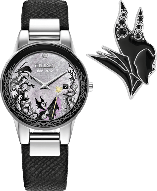 Eco-Drive Women's Disney Villains Maleficent's Charm Black Leather Strap Watch 30mm Boxed Set