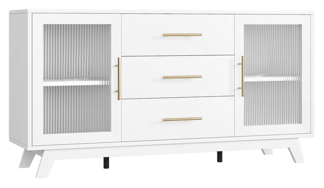 Coffer Bar Cabinet with 2 Fluted Glass Doors, 56" Modern Sideboard Buffet Cabinet with 3 Drawers, White Large Storage Cabinet for Kitchen Dinin