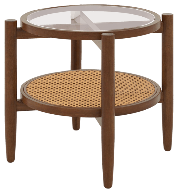 2-Tier Round Side End Table Pe Rattan Sofa Nightstand Tempered Glass Tabletop