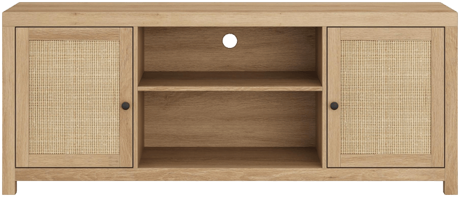 Tv Stand for 75 Inch Tv, Rattan Entertainment Center with Storage, Wood Tv & Media Console