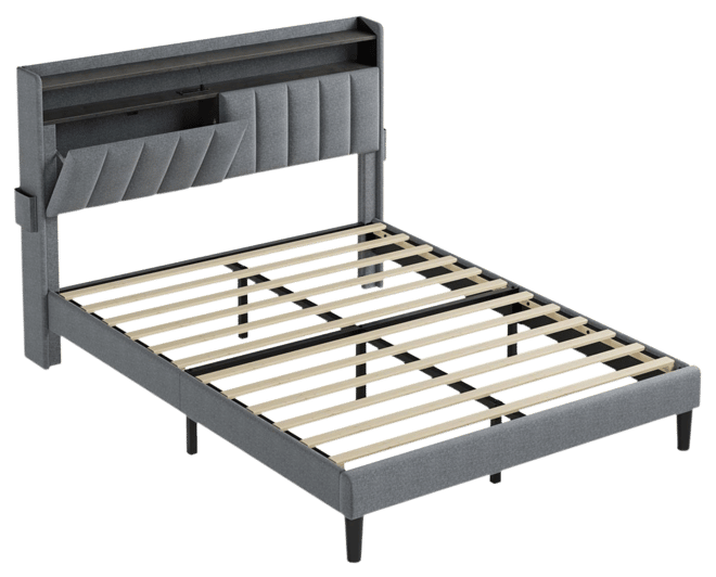 Queen/Full Size Bed Frame w/Storage Headboard & Charging Station & Led Light No Box Spring Needed, Full