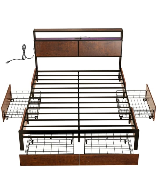 Modern Queen Bed Frame with Led Headboard, 4 Storage Drawers, No Box Spring Needed