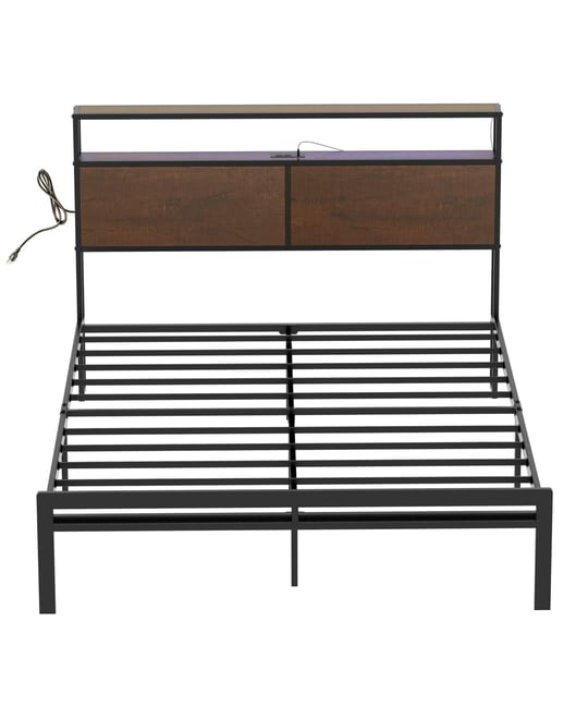 Industrial King Size Bed Frame with Storage Led Headboard, Charging Station, No Box Spring Needed