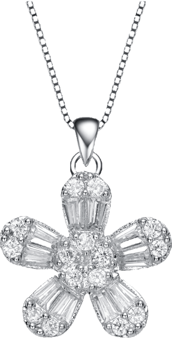 Sterling Silver with Gold Plated Multi Color Baguette Cubic Zirconia Flower Style Pendant Necklace