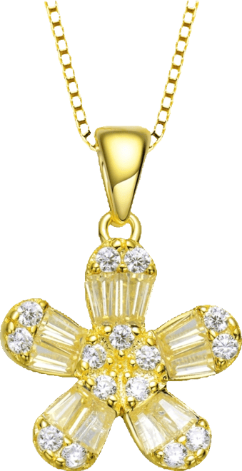 Sterling Silver with Gold Plated Multi Color Baguette Cubic Zirconia Flower Style Pendant Necklace