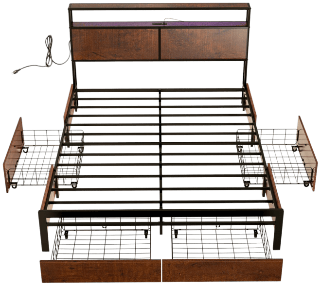 Modern Full Bed Frame with Led Headboard, 4 Storage Drawers, No Box Spring Needed