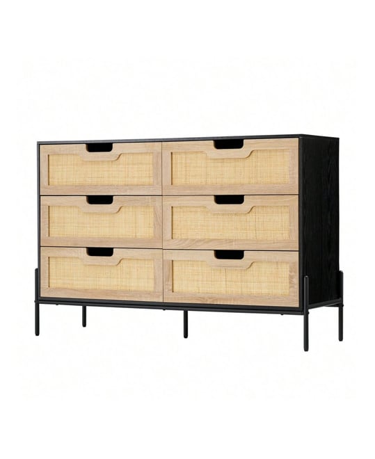 6 Drawers Dresser For Bedroom, Natural Rattan Drawer With Spacious Storage, Wood Chest Of Drawers With Metal Legs For Bedroom, Living Room, Hallway, E