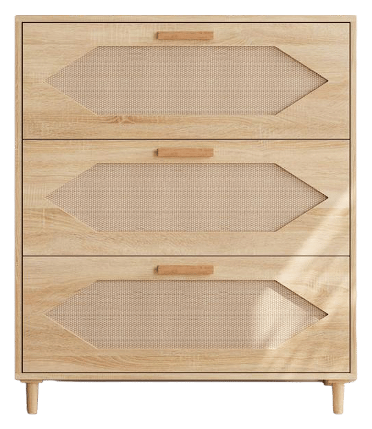 Dresser for Bedroom with 3 Drawers, Rattan Dresser with Spacious Storage, Modern Wooden Closet Dressers Chest of Drawers, Wood Nightstand for Bedroom,