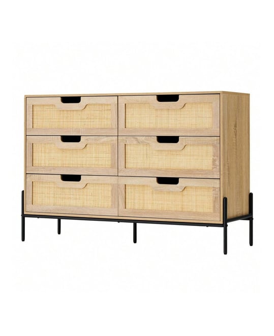6 Drawers Dresser For Bedroom, Natural Rattan Drawer With Spacious Storage, Wood Chest Of Drawers With Metal Legs For Bedroom, Living Room, Hallway, E