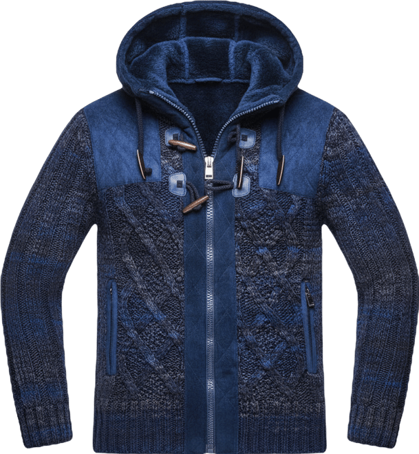 Men's Knit Zip-up Jacket With Geometric Patterns and Leather Accents