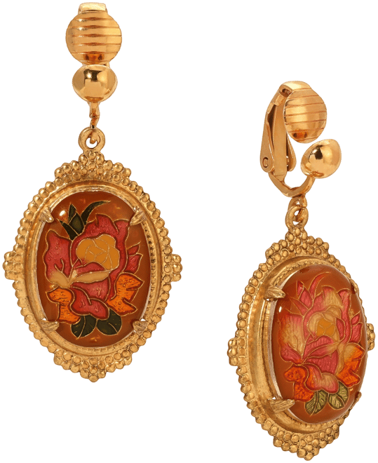 Enamel Oval Floral Clip Earrings