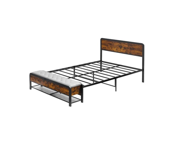 Queen Size Metal Bed Frame with Rounded Corners, Platform Frame with Storage Bench, Double Bed Frame for Bedroom, No Box Spring Required