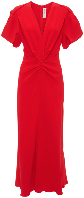 Gathered V-Neck Midi Dress In Tomato