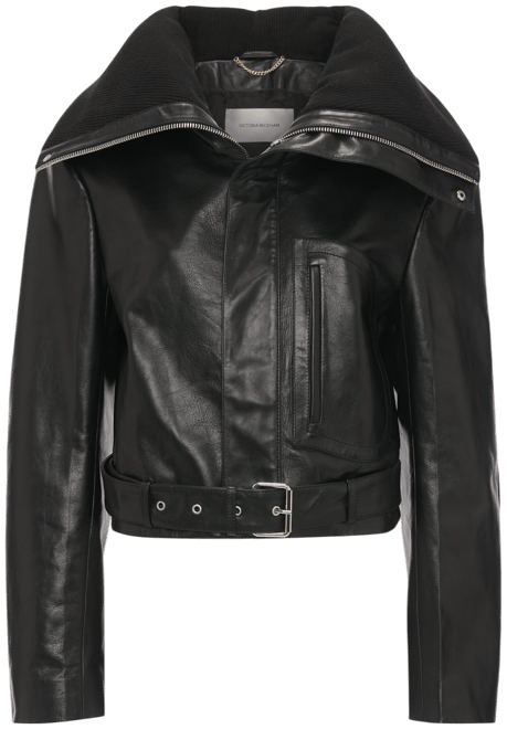 Cropped Belted Leather Biker Jacket In Black