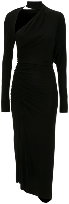 Slash-Neck Ruched Midi Dress In Black
