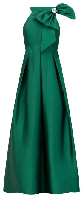 Women's Bow-Trim Halter Pleated Taffeta Gown