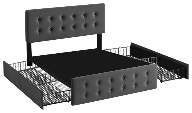 Queen Bed Frame with Headboard and 4 Storage Drawers, Platform Bed Frame Square Stitched Button Tufted