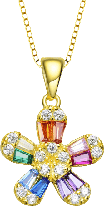 Sterling Silver with Gold Plated Multi Color Baguette Cubic Zirconia Flower Style Pendant Necklace