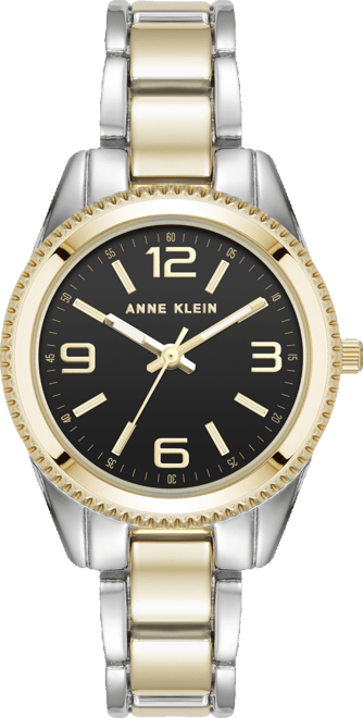 Women's Quartz Bold Coin Edge Bezel Black and Two-Tone Alloy Metal Watch, 32mm