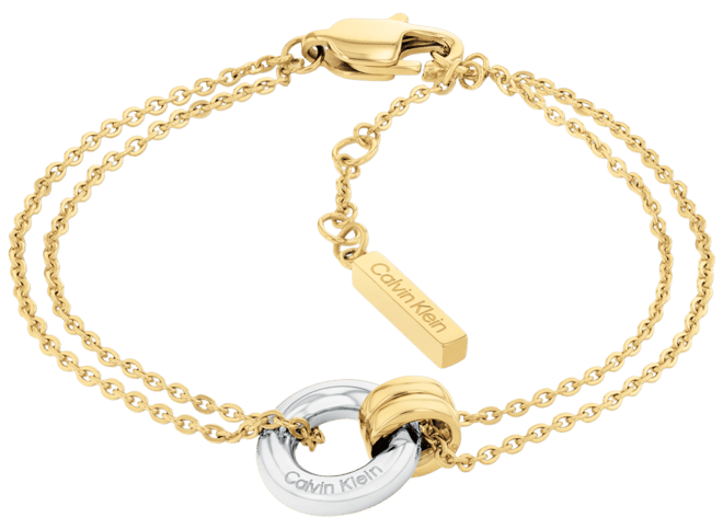 Gold-tone Stainless Steel Logo Ring Double Chain Bracelet