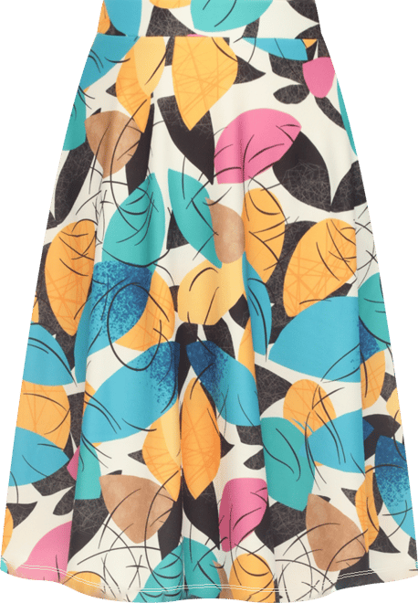 Plus Size Leaf Print Vintage Flared Midi Skirt