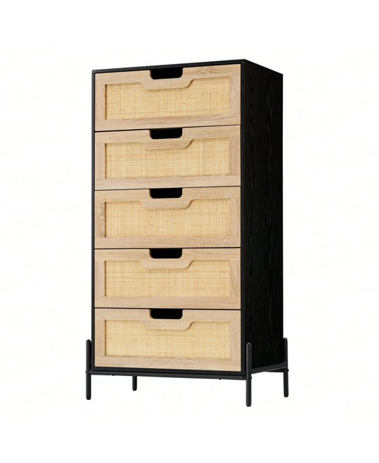 Modern Rattan 5 Drawers Dresser, Double Dresser For Bedroom, Chest Of Drawers Closet Organizers And Storage Clothes For Bedroom Living Room Hallway Of