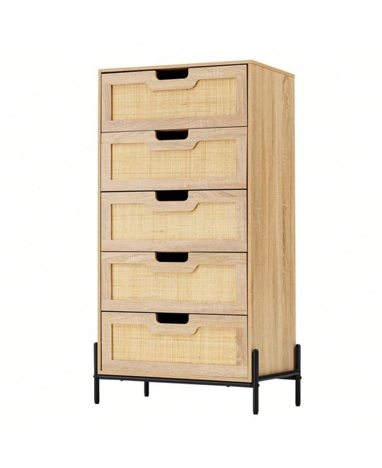 Modern Rattan 5 Drawers Dresser, Double Dresser For Bedroom, Chest Of Drawers Closet Organizers And Storage Clothes For Bedroom Living Room Hallway Of