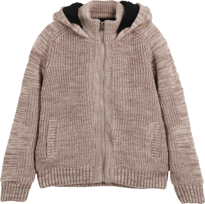 Boy's Hooded Faux Shearling Lining Full Zip Sweater With Moto Design Arm Piece