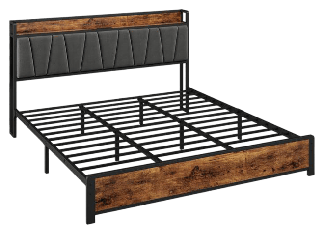 King Size Bed Frame with Storage Linen Upholstered Headboard, 4 Drawers Platform Bed Frame with Charging Station, No Box Spring Needed, Easy As