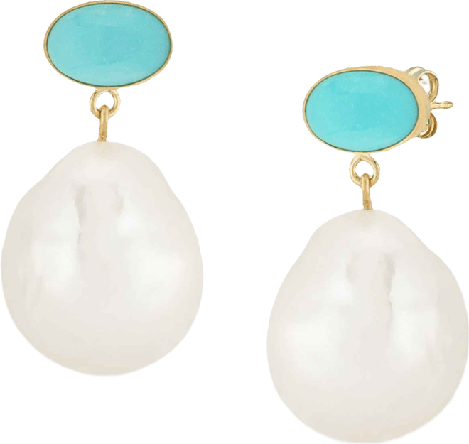 Turquoise & Cultured Freshwater Baroque Pearl (12mm) Drop Earrings in 14k Yellow Gold