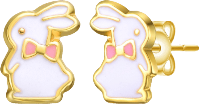 Sterling Silver 14K Gold Plated White Enamel & Pink Bow Tie Bunny Rabbit Stud Earrings