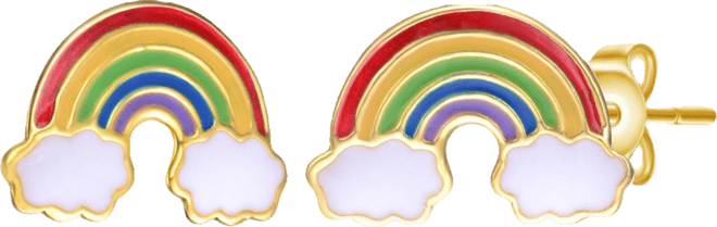Sterling Silver 14K Gold Plated Colorful Rainbow Enamel & White Cloud Stud Earrings